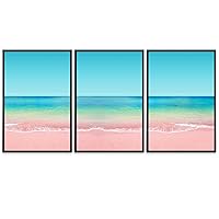 SIGNWIN 3 Piece Framed Canvas Wall Art Pink Seascape Canvas Prints Home Artwork Decoration for Living Room,Bedroom - 16