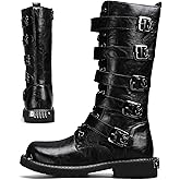 PEILEG Mens Black Cool Style Eye Catching Buckle Closure High Top Leather Motorcycle Boots Waterproof Non Slip Wear Resistant Durable Stitching Shoes Body Lightweight And Soft Shoes