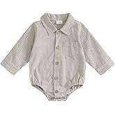 Sasaerucure Newborn Baby Boy Clothes Turndown Collar Striped Long/Short Sleeve Romper Button Up Jumpsuit Shirt Bodysuit