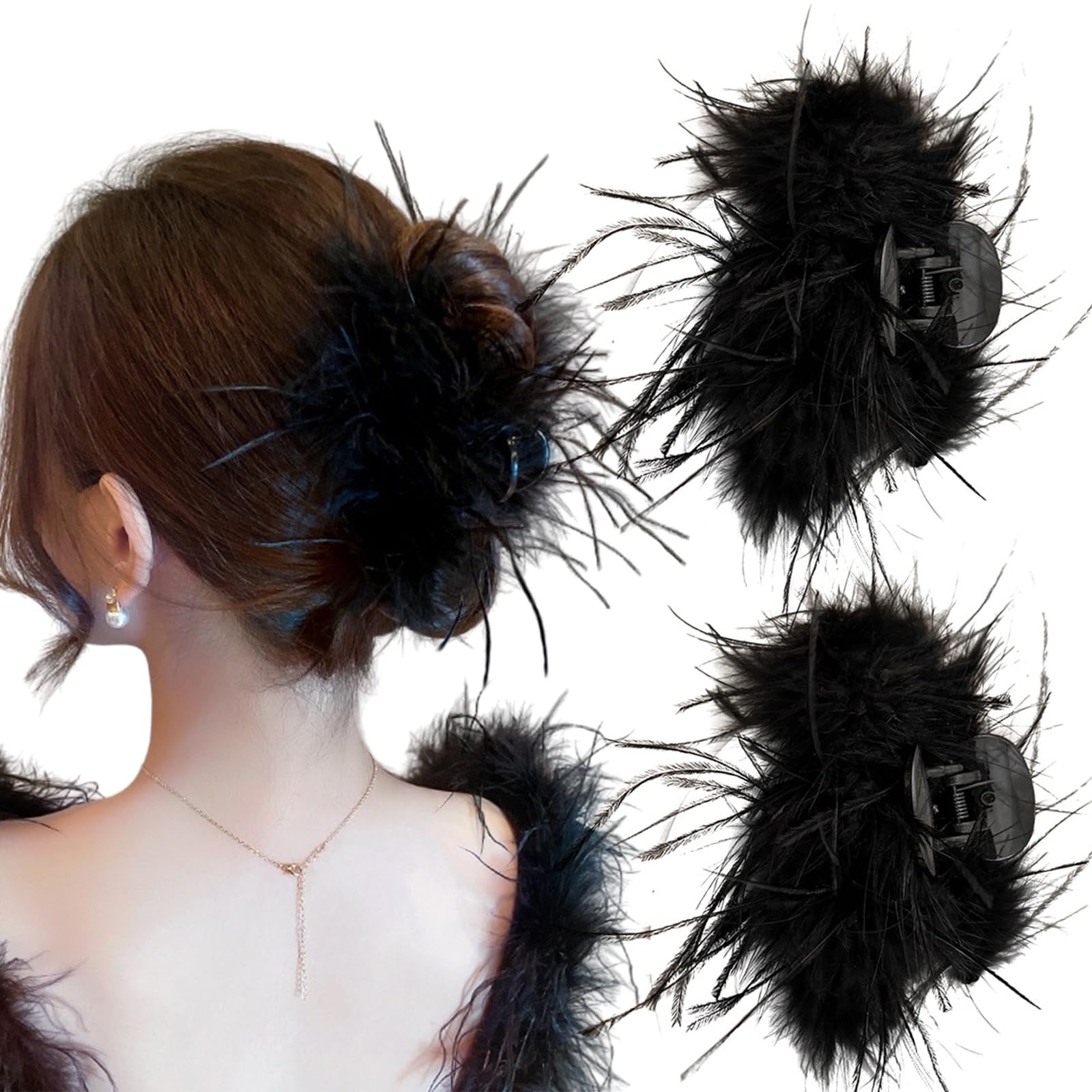 Photo 1 of  Feather Hair Clip Ostrich Fluffy Claw Jaw Clips Hair Accessories, Strong Hair Grip Clamps Shark Clip for Women Daily Dress Up Match Halloween Carnival Party Headwear (Black)
