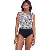 Longitude Women's Swimwear Night Seas Panel Scoopback Highneck One Piece Swimsuit, Black/White, 10