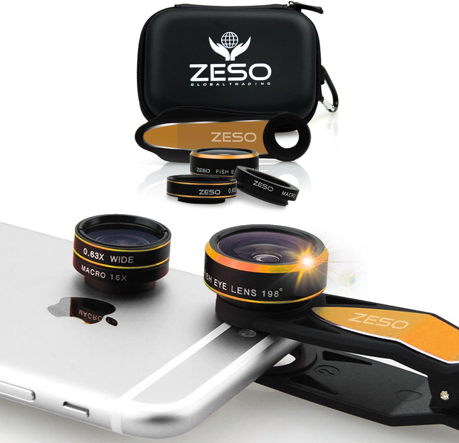 Cell Phone Camera Lens 3 in 1 Kit by Zeso | Professional Fisheye, Macro & Wide Angle Lenses | for iPhone, Samsung Galaxy, Android, iPads, Tablets | Universal Phone Clip & Hard Storage Case | 4 Colors