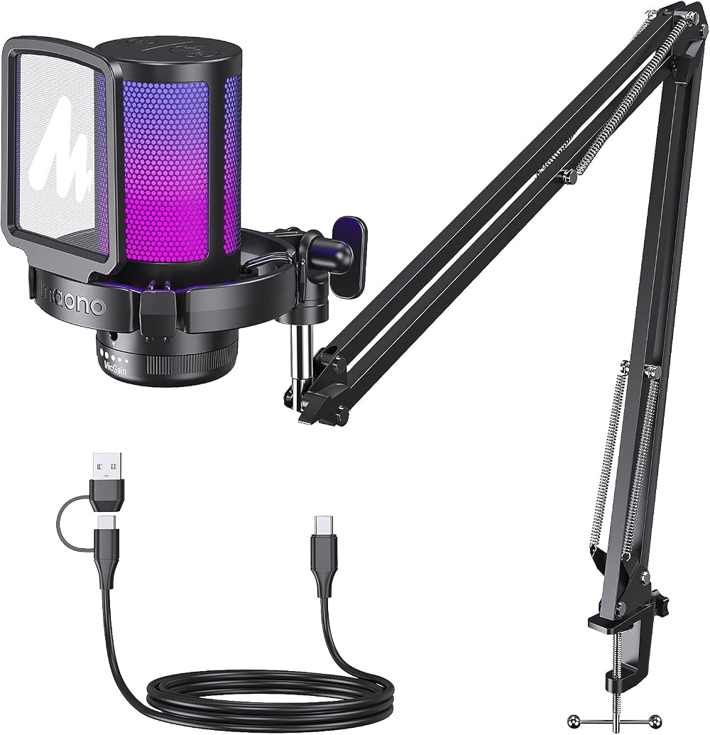 MAONO Gaming USB Microphone Noise Cancellation Condenser Mic with Boom Arm
