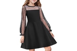 Flypigs Girl's Dress Sheer Mesh Puff Long Sleeve High Waist Party Dresses with Pockets for 6-13 Years