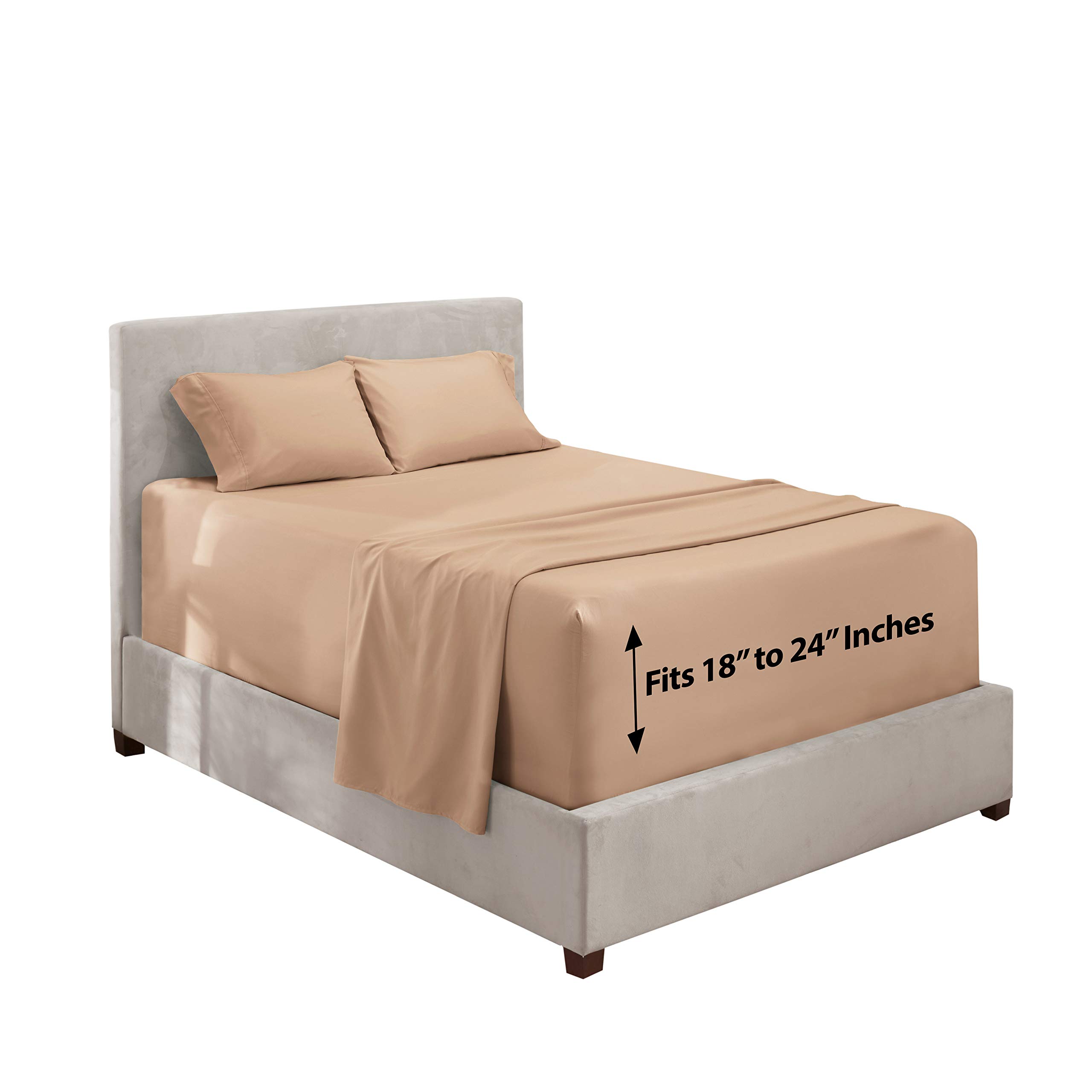 Photo 1 of Hearth & Harbor Extra Deep Pocket Queen Sheets Set - 4 Piece Hotel Luxury Bed Sheets Set Fits Up to 24" Mattress - Ultra Soft Luxury Bed Sheet Set - Soft & Breathable, Khaki