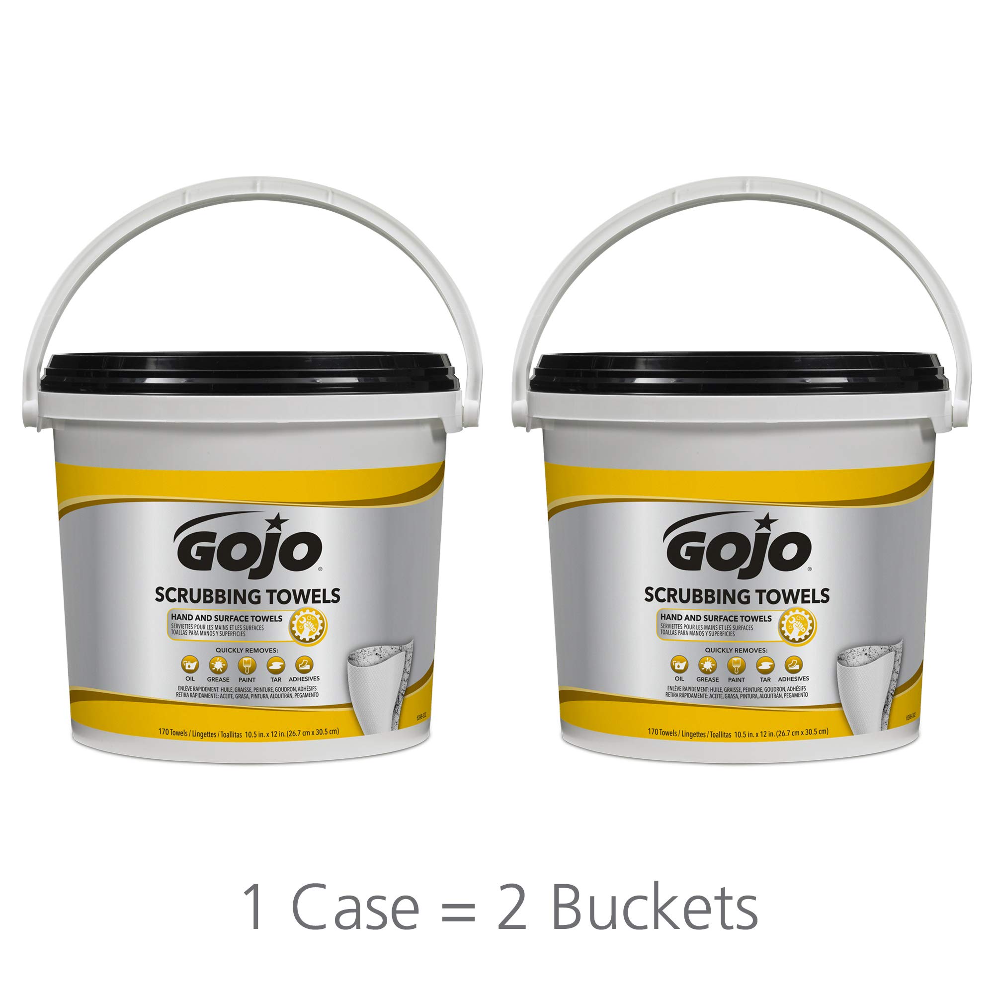 GOJO Scrubbing Towels, Fresh Citrus Scent, 170 Count Extra Large Dual Textured Wipes Bucket (Pack of 2) – 6398-02