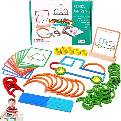 Jastown 120pcs Wooden Sticks & Rings Puzzles Montessori 3 4 5 Year Olds