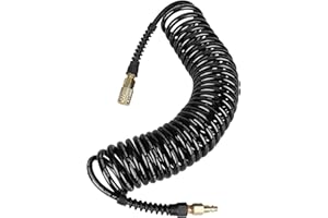 Keepro Polyurethane Recoil Air Hose, 1/4 Inch ID By 25 Feet Long Air Compressor Hose with repairable solid brass 1/4" Industrial Quick Coupler and Plug, 145 PSI Maximum Pressure, Black