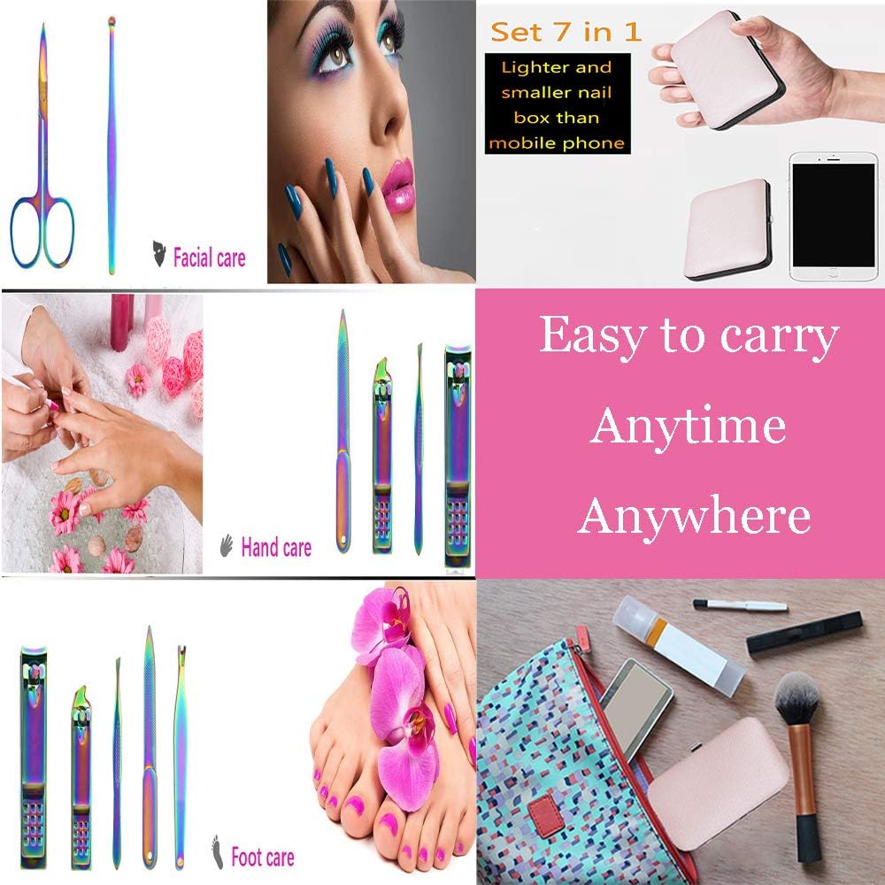Mini Rainbow Manicure Kits for Girls 7 in 1 Nail Clippers Set for Women Professional Nail Kit Portable Nail Care Travel or Home Use: Health & Personal Care