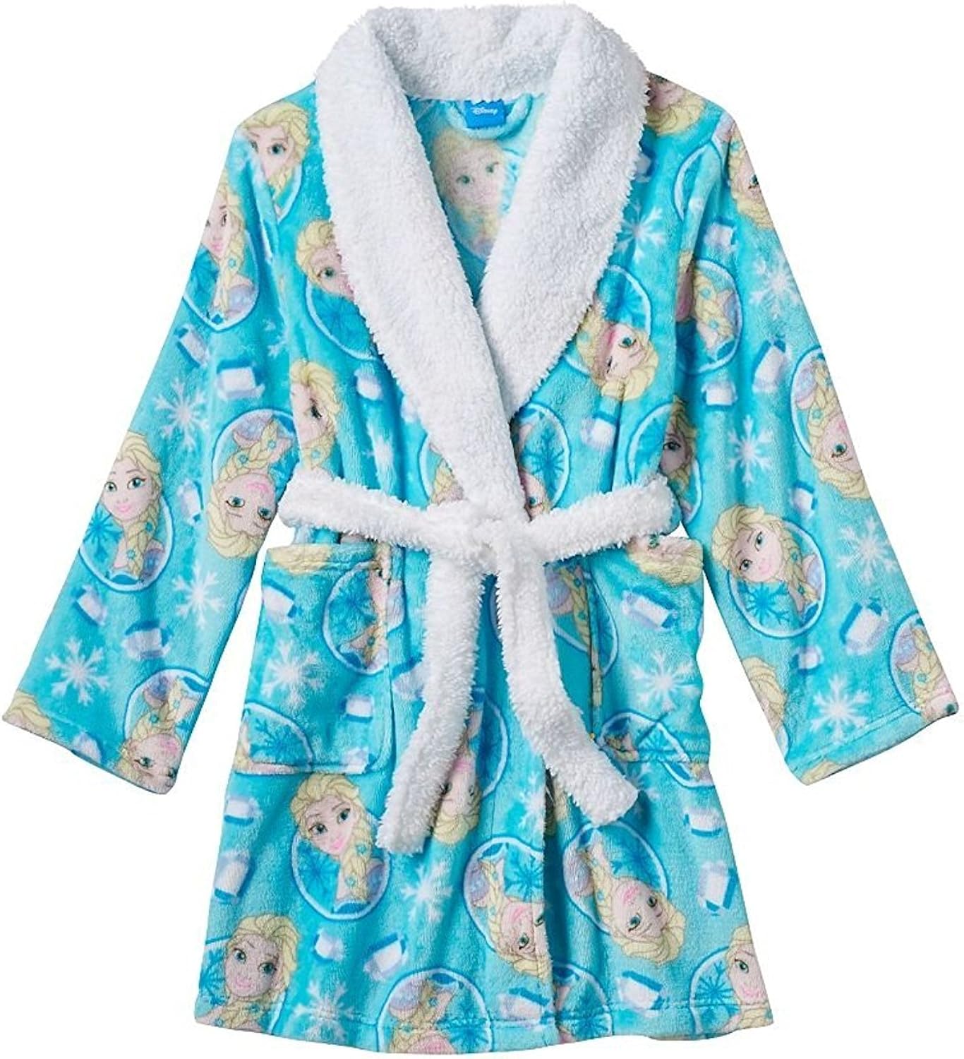 Girls Disney Frozen Blue Plush Bathrobe Elsa with Sherpa Collar (4, Blue White