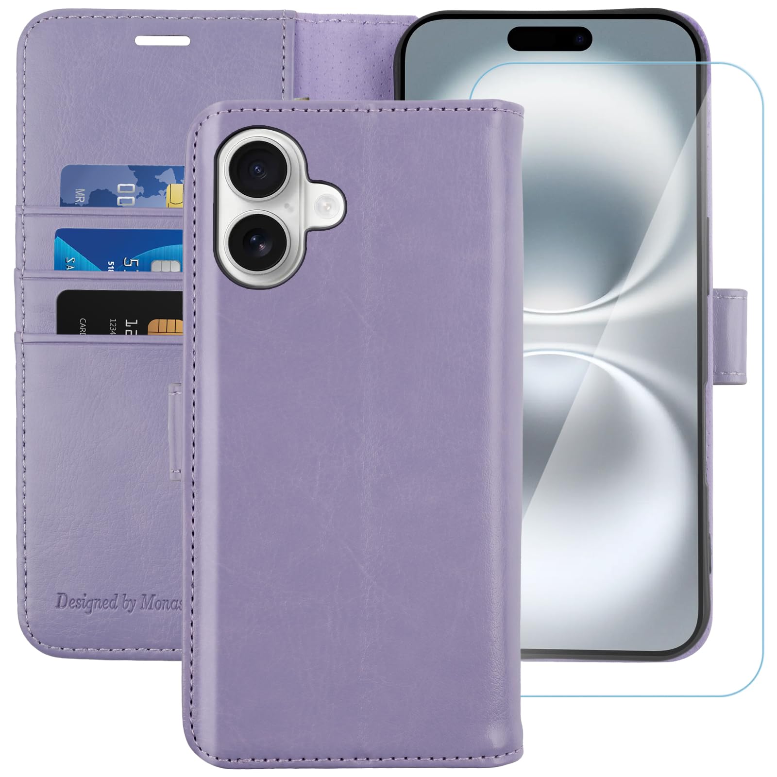 MONASAY for iPhone 16 Plus 5G Wallet Case,[Glass Screen Protector Included] [RFID Blocking] Flip Folio Leather Cell Phone Cover with Credit Card Holder, 6.7-inch, Lavenders