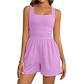 LOOKBOHO Women's Summer Rompers Dressy Casual Square Neck Sleeveless Shorts Bodycon Jumpsuits 2026 One Piece Outfits Purple L