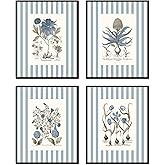 Belle Maison Art Blue Striped Antique Botanical Print Set, Vintage Botanical Wall Art, Bedroom Kitchen Living Room Office, 8X