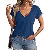 Micticsi Womens Deep V Neck Short Sleeve T Shirts Casual Loose Fit Shirt Sexy Summer Tops Folded Sleeves Basic Tee 2025