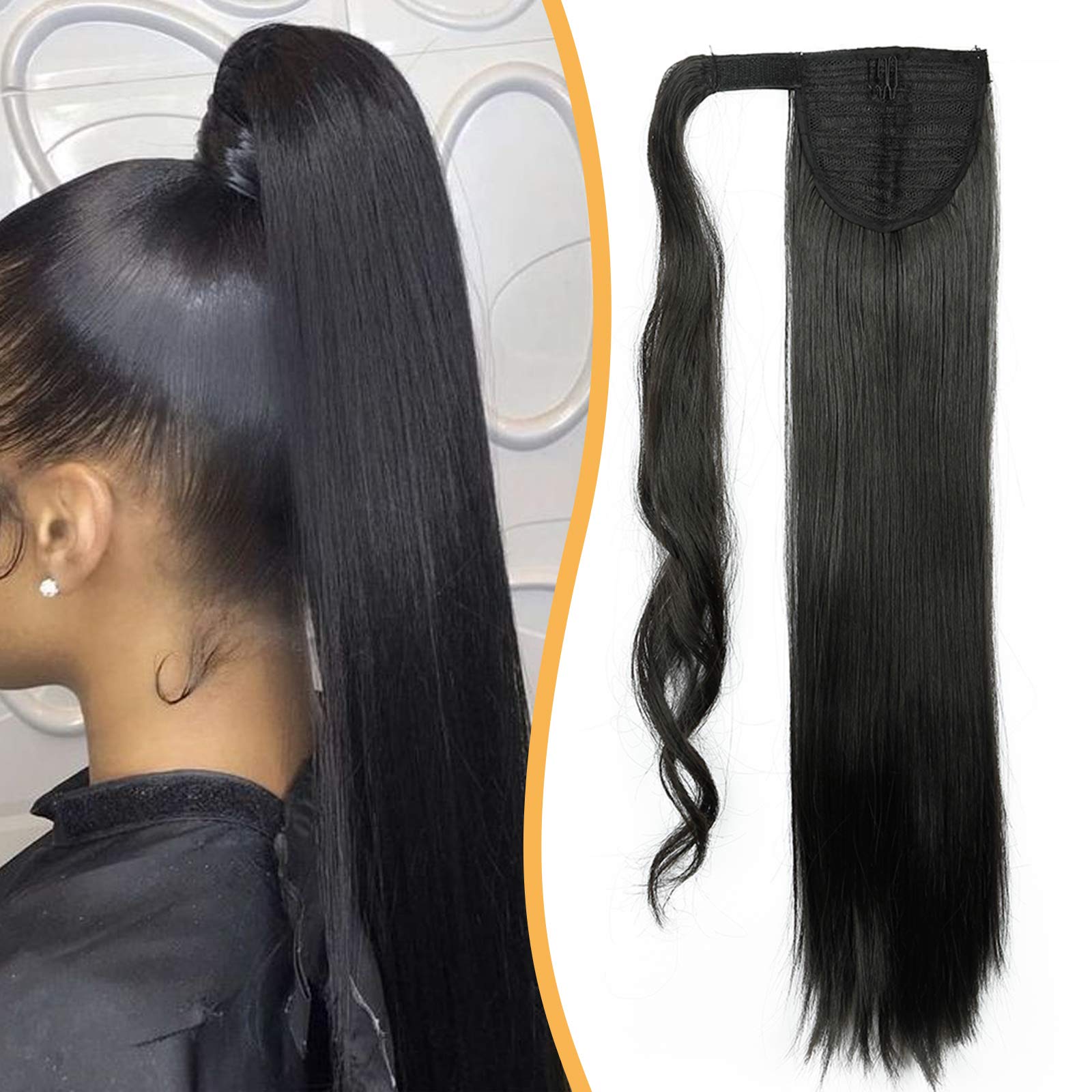 Long Straight Ponytail Wrap Around Ponytail Extensions 23 inch Synthetic Hair Piece Clip in Hairpiece #Natural Black