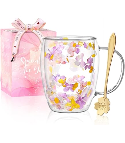 Taza De Vidrio De Doble Pared Con Flores Secas – Taza Aislante Para Café, Té O Leche, Regalo Bonito Y Práctico
