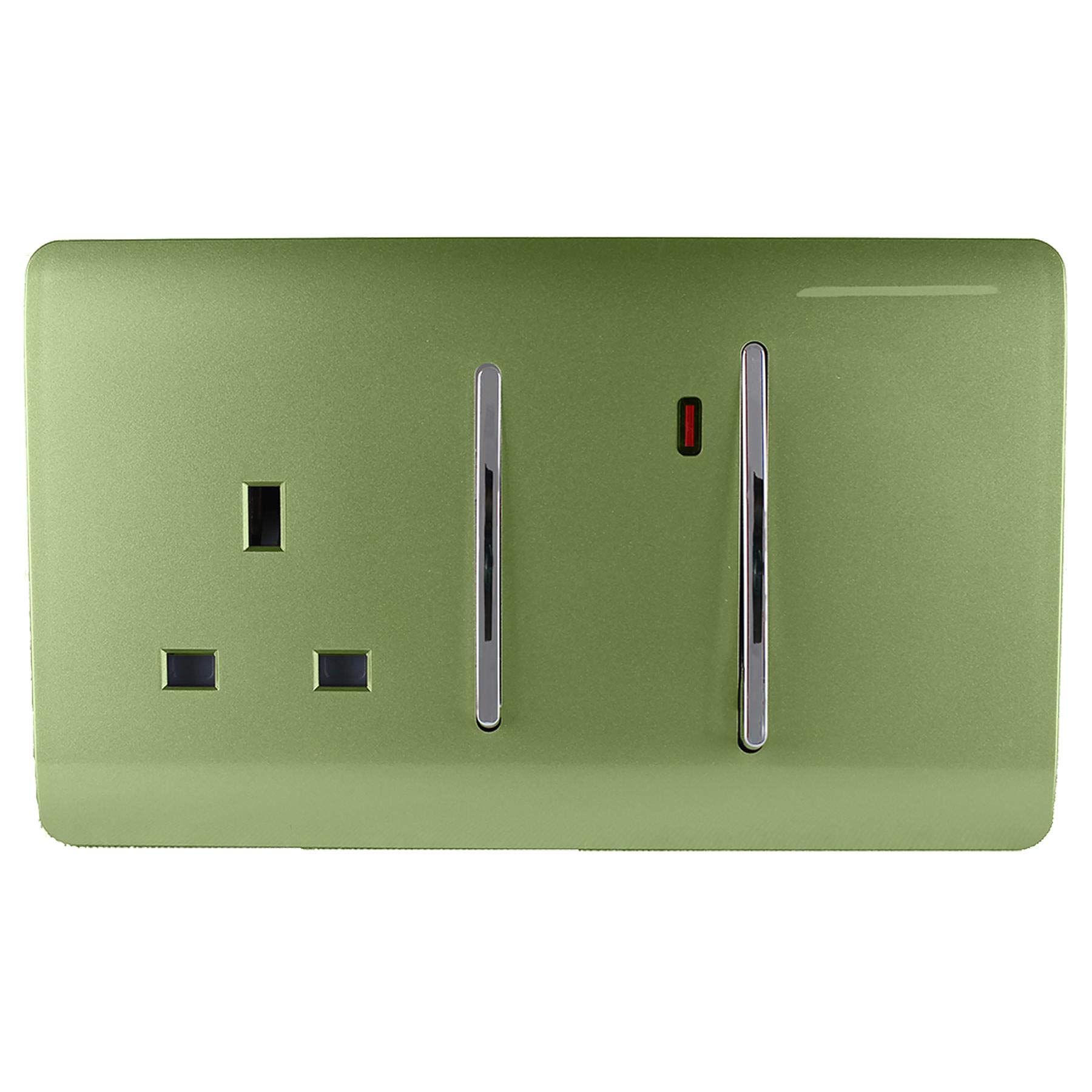 Trendi Switch Screwless Artistic Modern Decorative Glossy 45 A Cooker Switch Control Unit & Single Plug Socket Inc Neon Indicator for Indoor Use in Moss Green - ART-WHS213MG