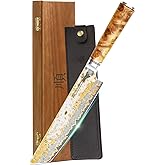 YOUSUNLONG Tanto Chef's Knife 8 Inch - Japanese Handmade CuMai Copper Damascus Steel Blade - Naturel Burl Wooden Handle with Leather