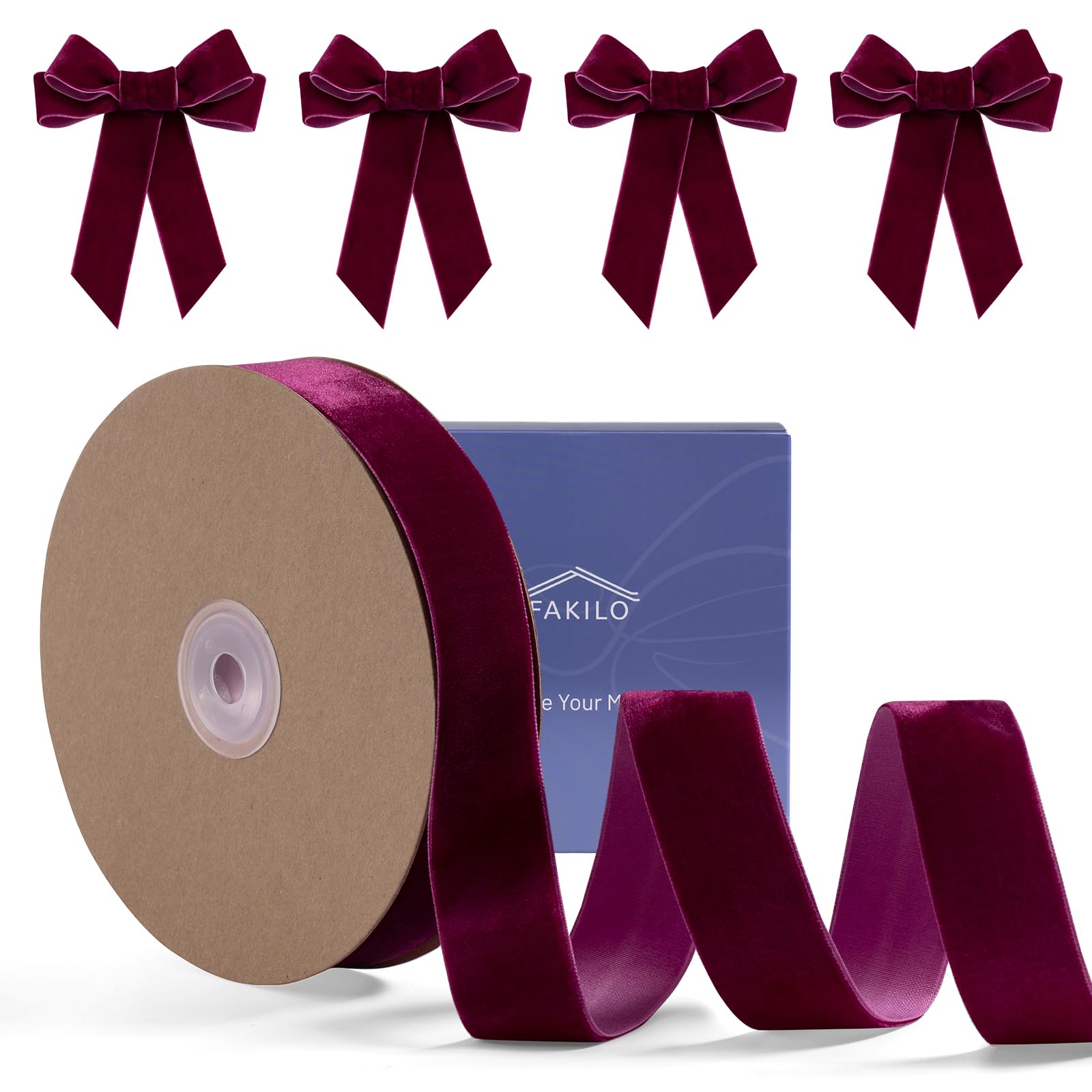 Wine Red Velvet Ribbon1 Inch x 25 Yd, FAKILO Ribbon Wine Red Velvet Perfect for Christmas Tree, Wreath, Gift Wrapping, Bows, Flower Bouquet, Wedding Home Decor