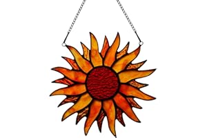 BOXCASA Sun Stained Glass Window Hangings,Tiffany Style Red Sun Suncatcher,Handcrafted Stained Glass Sun Decor for Window,Home Decorations for Window Living Room Bedroom Balcony Kitchen