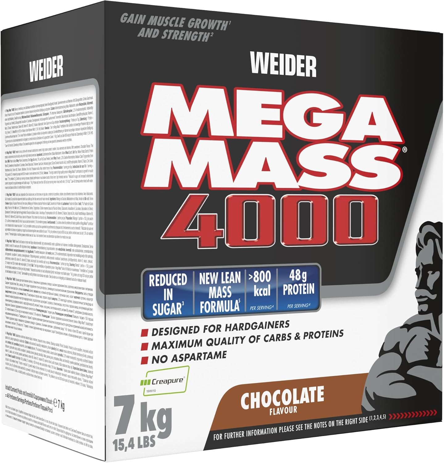 Weider Mega Mass 4000, Chocolate, Protein Rich Formulation with Creapure Creatine, High Quality Complex Carbs, Muscle Building, 7kg