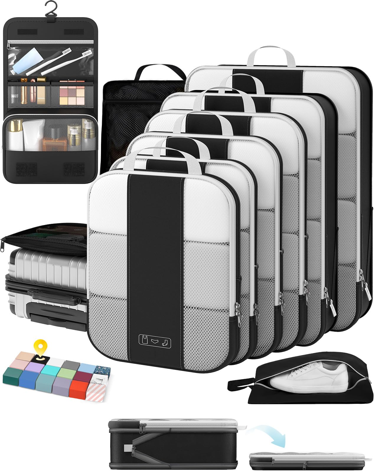 Photo 1 of 10 Set Compression Packing Cubes for Travel Essentials,Compressible Expandable Packing Cubes for Suitcase,OlarHike Luggage Organizer Bags for Travel,Handy Helper for Organizing Clothes(Black)