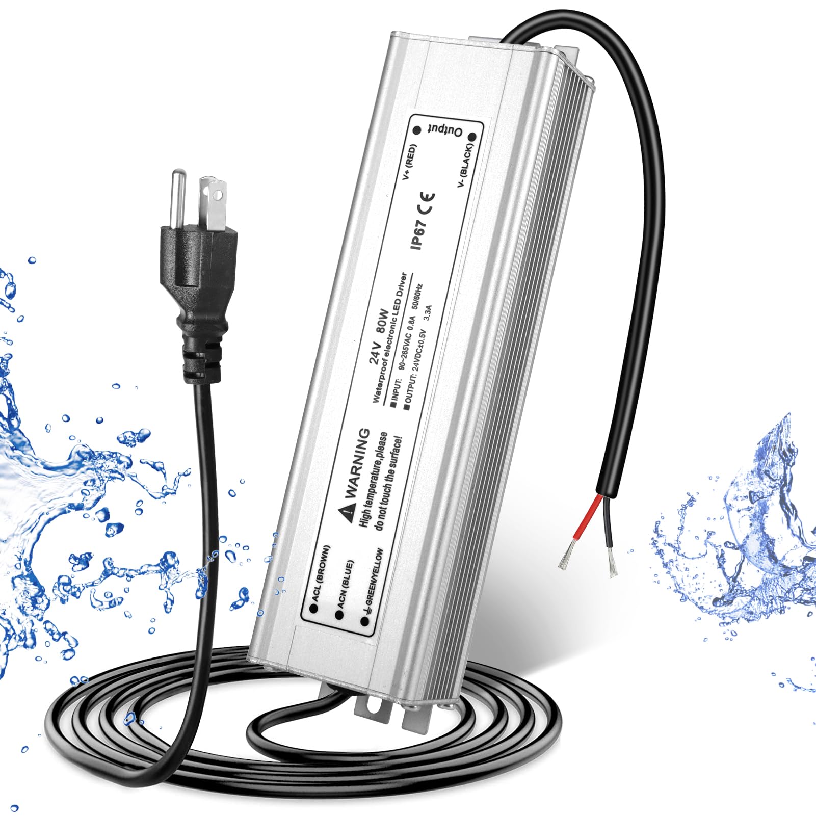 Photo 1 of 24V 80W LED Power Supply, Waterproof IP67 LED Driver, AC 110V to DC 24 Volt Low Voltage Transformer with 3-Prong Plug 3.3 Feet Cable for Indoor Outdoor LED Light, Computer Project