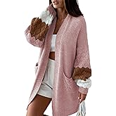 Yidarer Women Oversized Knit Cardigan Open Front Color Block Sweater Casual Fall Outfits with Pockets