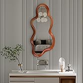 osemy 30"x 14" Irregular Wall Mirror, Wooden Walnut Framed Wall Asymmetrical Wavy Wall Mirror for Living Room Bedroom Entryway Bathroom Modern Decorative Mirror with Hanging Hooks