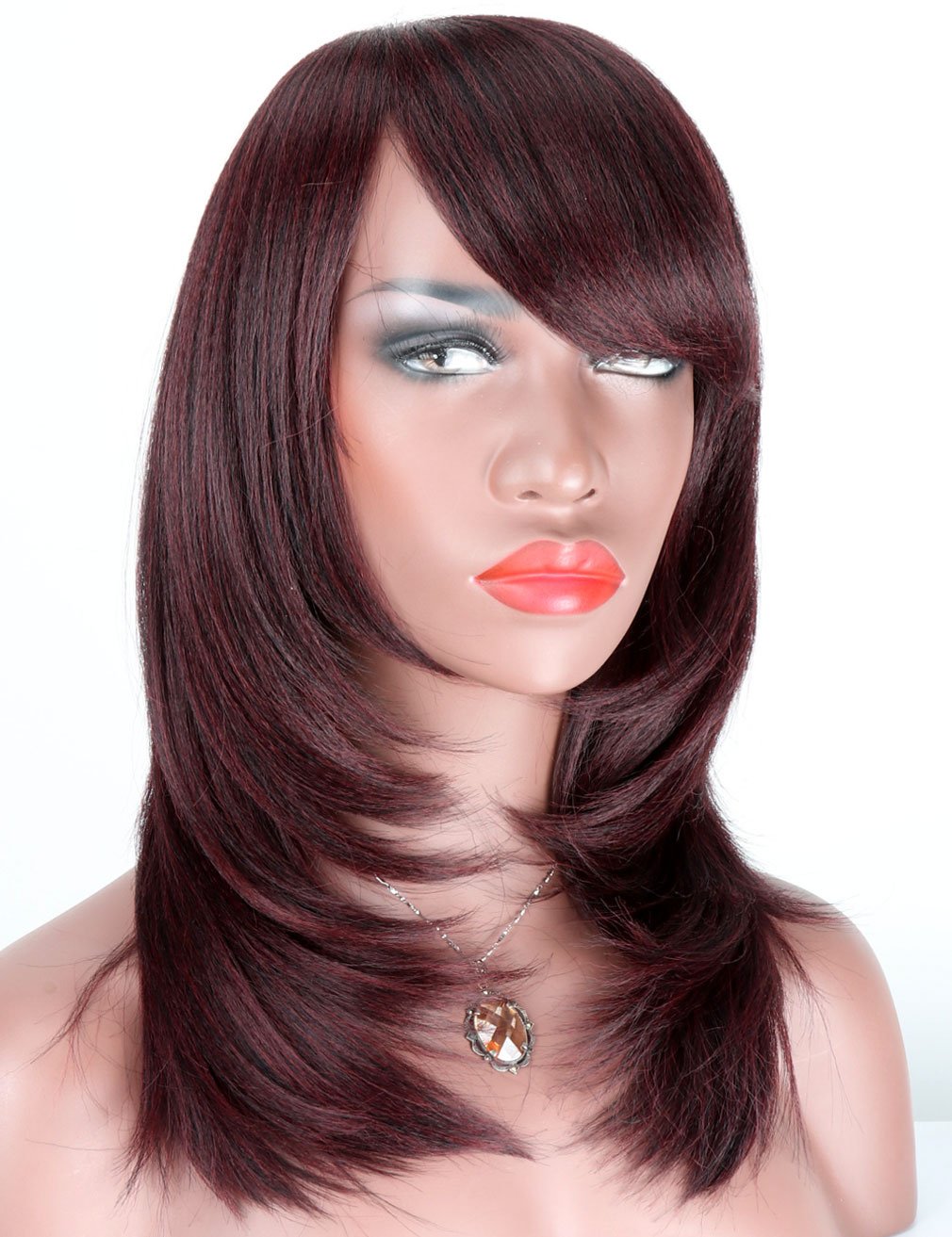 99j Women S Synthetic Wigs With Oblique Bangs Mid Shoulder Length