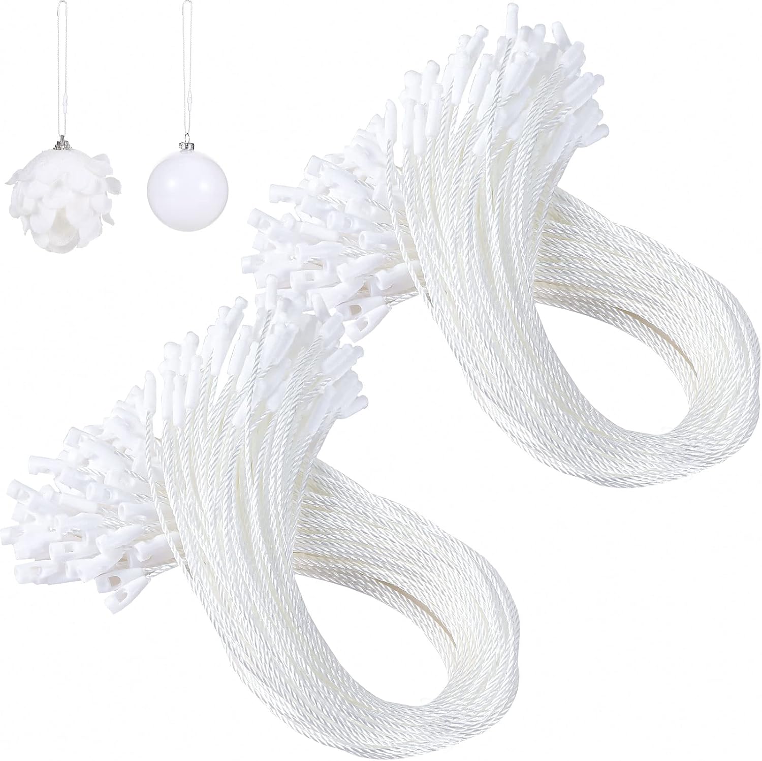Ornament Hooks - Shappy 400 Pieces Ornament Hangers Snap Locking Ropes Hang Tag Ornament Fasteners Precut Hanging Ropes Fasteners for Christmas Halloween Holiday Ornament Decorations (White)