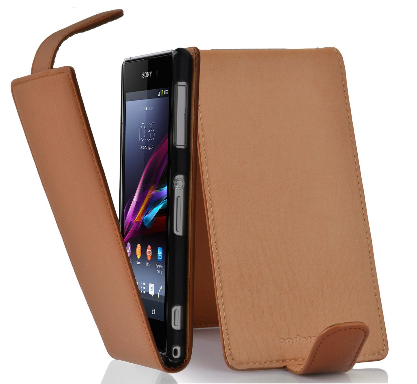 cadorabo Case works with Sony Xperia Z1 COMPACT in SADDLE BROWN - Flip Style Case made of Structured Faux Leather - Wallet Etui Cover Pouch PU Leather Flip
