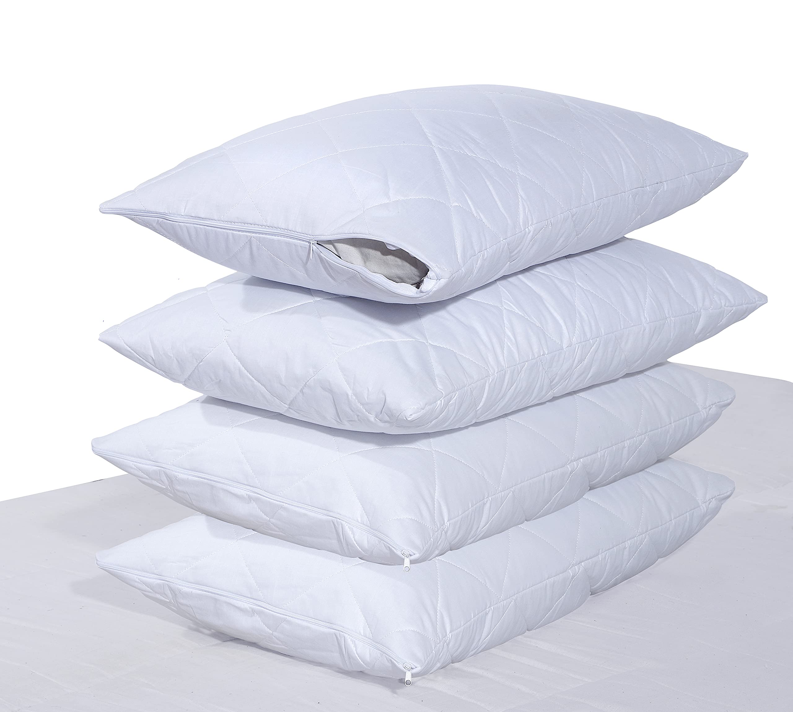 mFabrics 100% PURE COTTON PACK of 4 QUILTED PILLOW PROTECTOR - Diamond Pattern Design with Zip Closure - Hotel Quality Durable Dust Mite Proof - size: 48cm x 74cm