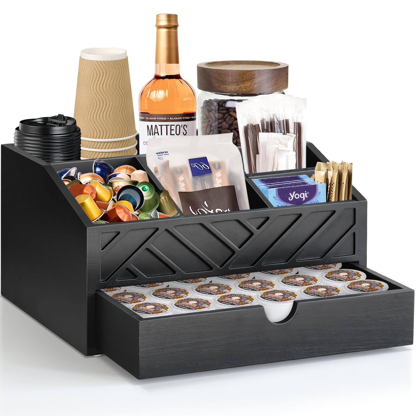 Photo 1 of * A FEW SMALL DINGS NOTHING MAJOR*Farmhouse Coffee Bar Accessories Organizer - Countertop Coffee Station with Drawer, Pod Holder & Condiment Organizer (Black)