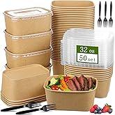TINSKY 50 Pack 32 Oz Large Paper Bowls with Lids and Forks, Cardboard Take Out To Go Meal Prep Containers Disposable Compostable Food Containers for Party