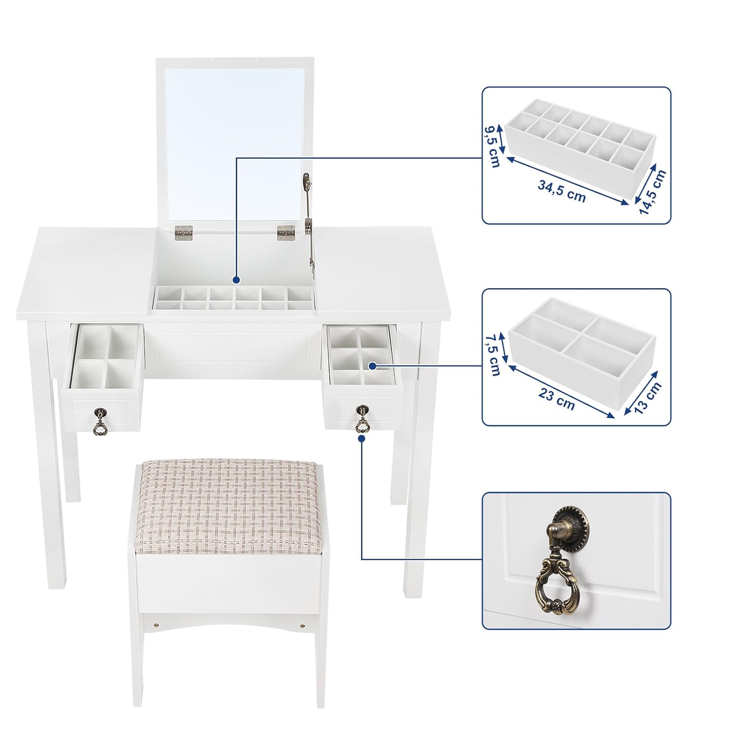 SONGMICS Tocador Con Espejo Moderno Con Tapa Abatible Con Taburete 3