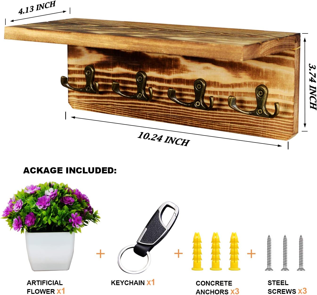 Key Holder for Wall Wooden Key Rack with Shelf Rustic Key Mail Holder Organizer with 4 Dual Key Hooks for Hat Handbags Hanging Coat Rack Hme Decor for Entryway, Bathroom and Kitchen, Fire Color: Home Improvement