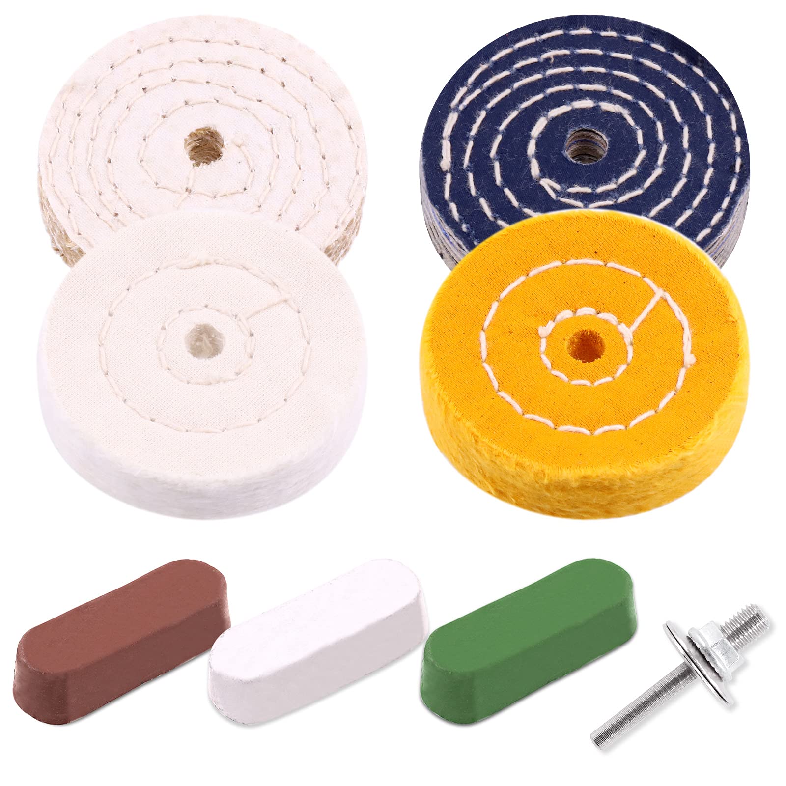 Wokape 8Pcs 3inch Buffing Polishing Wheel for Drill with Polishing Compound & 1/4" Shank, Polishing Pads for Bench Grinder (Denim/Sisal/Cotton Buffing Wheel)