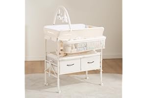 Baby Changing Table with Wheels, Maydolly Portable Foldable Changing Table, Waterproof Diaper Changing Station, Adjustable Height Changing Station, Mobile Nursery for Newborn and Infant (Beige)
