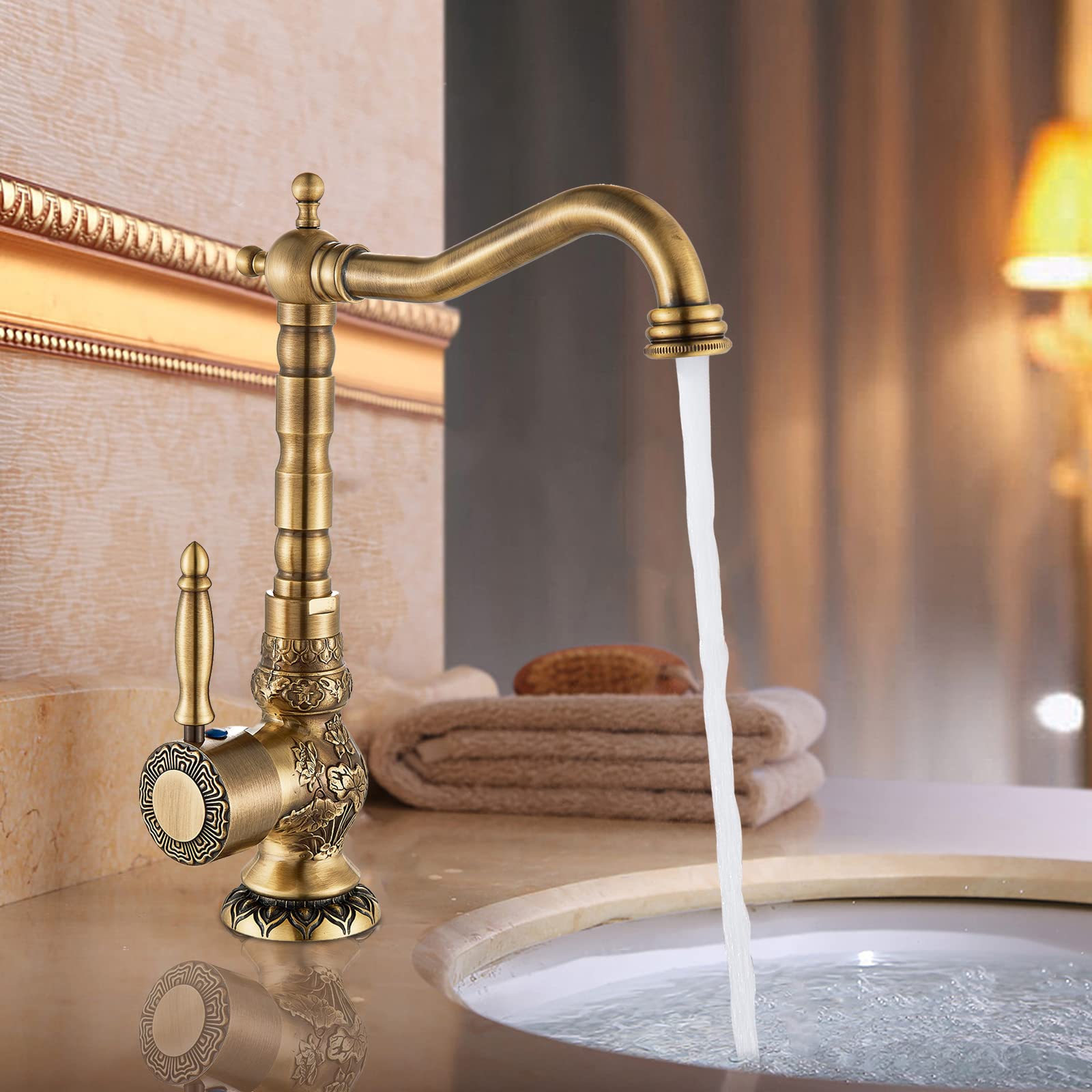 Rozin Basin Taps Basin Mixer Tap Single Handle Antique Brass Rotating Spout One Handle Deck Mounted Cold Hot Water Faucet for Bathroom