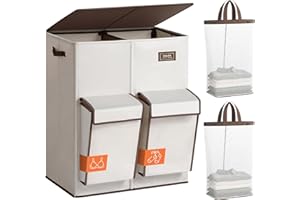 SOLEDI Double Laundry Hamper with Lid, 47.8 Gal (180L) Large Laundr Basket 2 Section with 2 Side Pockets, Dirty Clothes Hamper with Removable Bag, Easy to Carry for Laundry Room, Bedroom, Beige