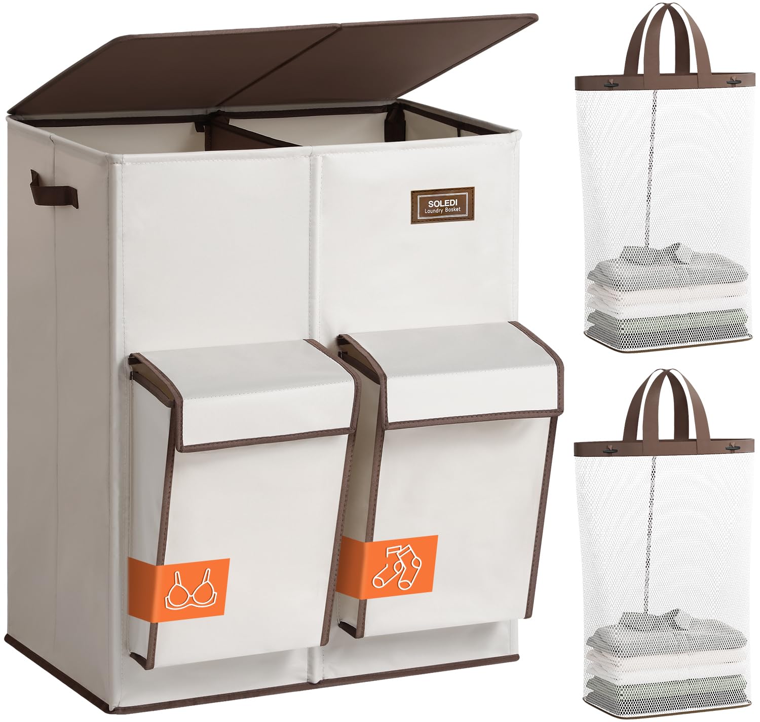 SOLEDI 180L Wäschekorb mit Deckel, Wäschesammler 2 Fächer mit 2 Seitentaschen, Laundr Baskets mit 2 Wäschesack, Wäschesortierer Groß XXXL für Badezimmer, Schlafzimmer, Waschküche