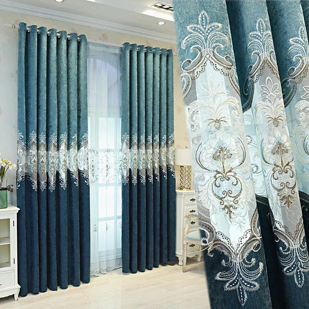 Photo 1 of Amidoudou 1 Pair European Luxury Curtains for Living Room Bedroom Chenille Embroidered Curtains (Blue,60x84 Inch)