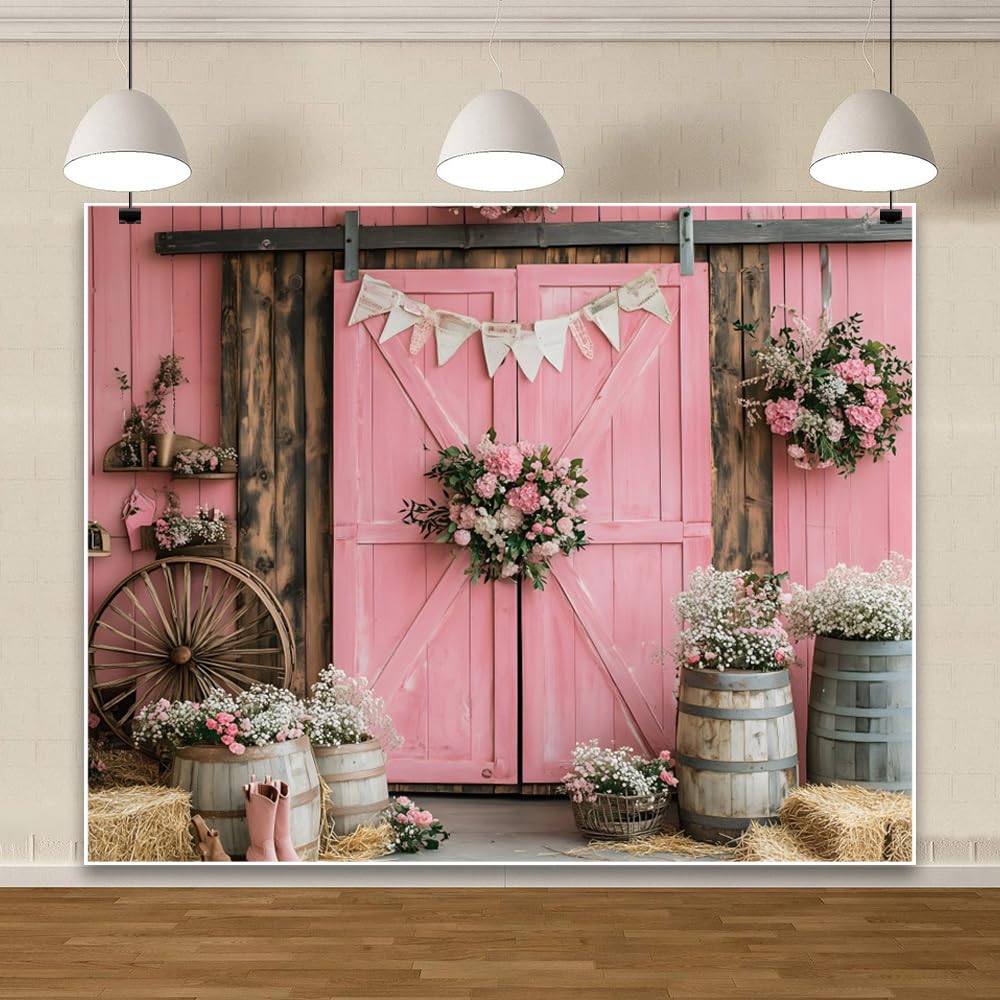 Photo 1 of Western Backdrop 10x8ft Pink Rustic Barn Backdrop Spring Flower Backdrop Western Cowboy Party Decorations Wedding Portrait Birthday Party Decor Banner Photo Studio Props