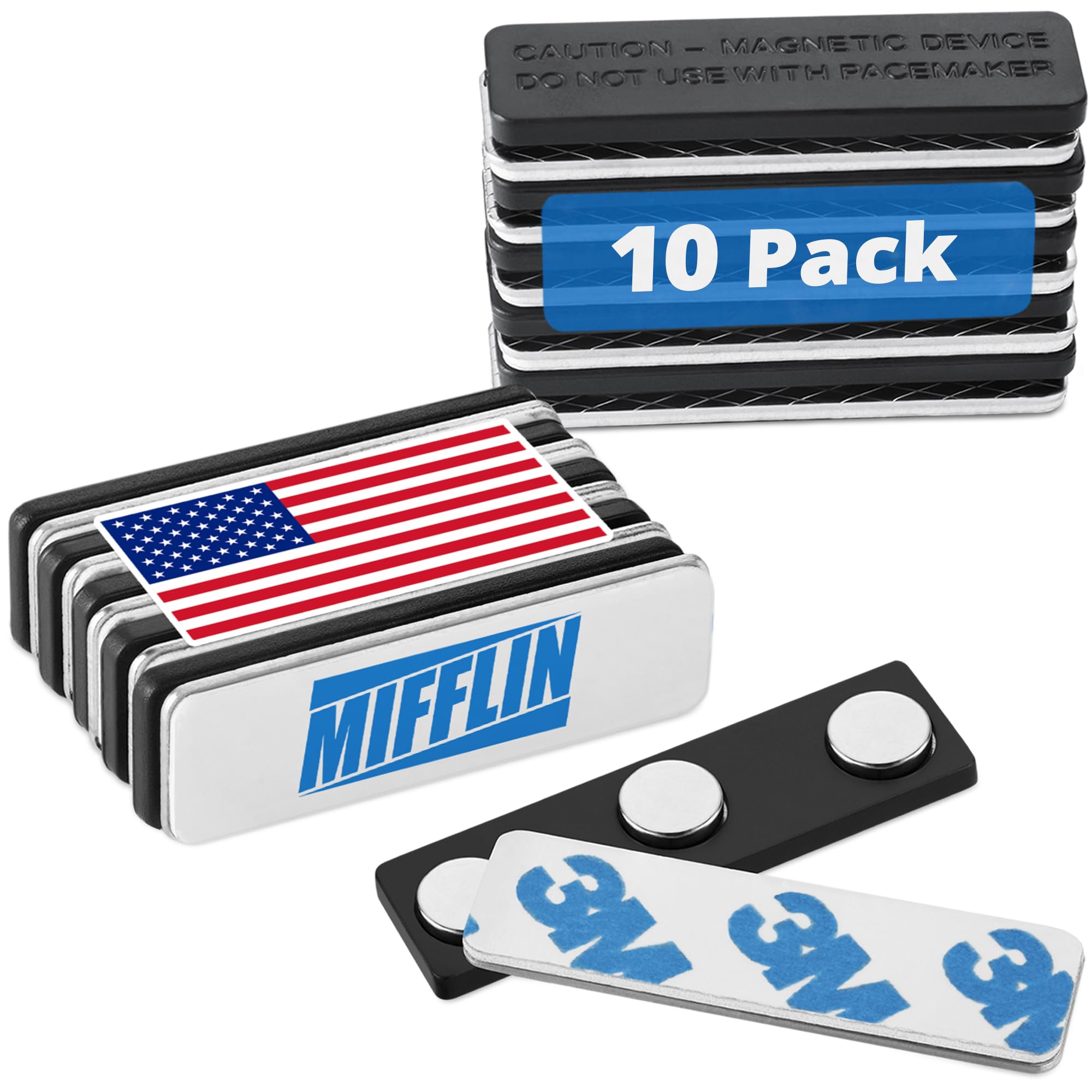 Mifflin Name Tag Magnets (10 Badge Holder Magnets, 44 x 12 mm), Name Tag Magnet Backs w/ 3 Extra-Strong Neodymium Magnet for ID Badge Holders