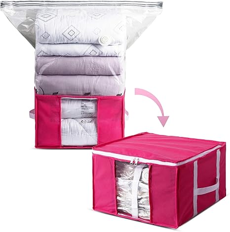 Amazon Taili ふとん圧縮ボックス 羽毛布団収納袋 圧縮袋付き収納ボックス 圧縮袋と収納ボックス一体型 衣類 冬物 タオルケット毛布 布団 圧縮収納 繰り返す利用可能 掃除機対応可能 ピンク ｓ 圧縮袋 オンライン通販