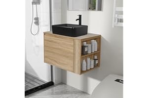 Puluomis 30-inch Bathroom Vanity, Natural Color Wall Mounted Bathroom Vanity with Hidden Drawer, Modern Floating Bathroom Cabinet with Bathroom Square Black Ceramic Vessel Sink Top
