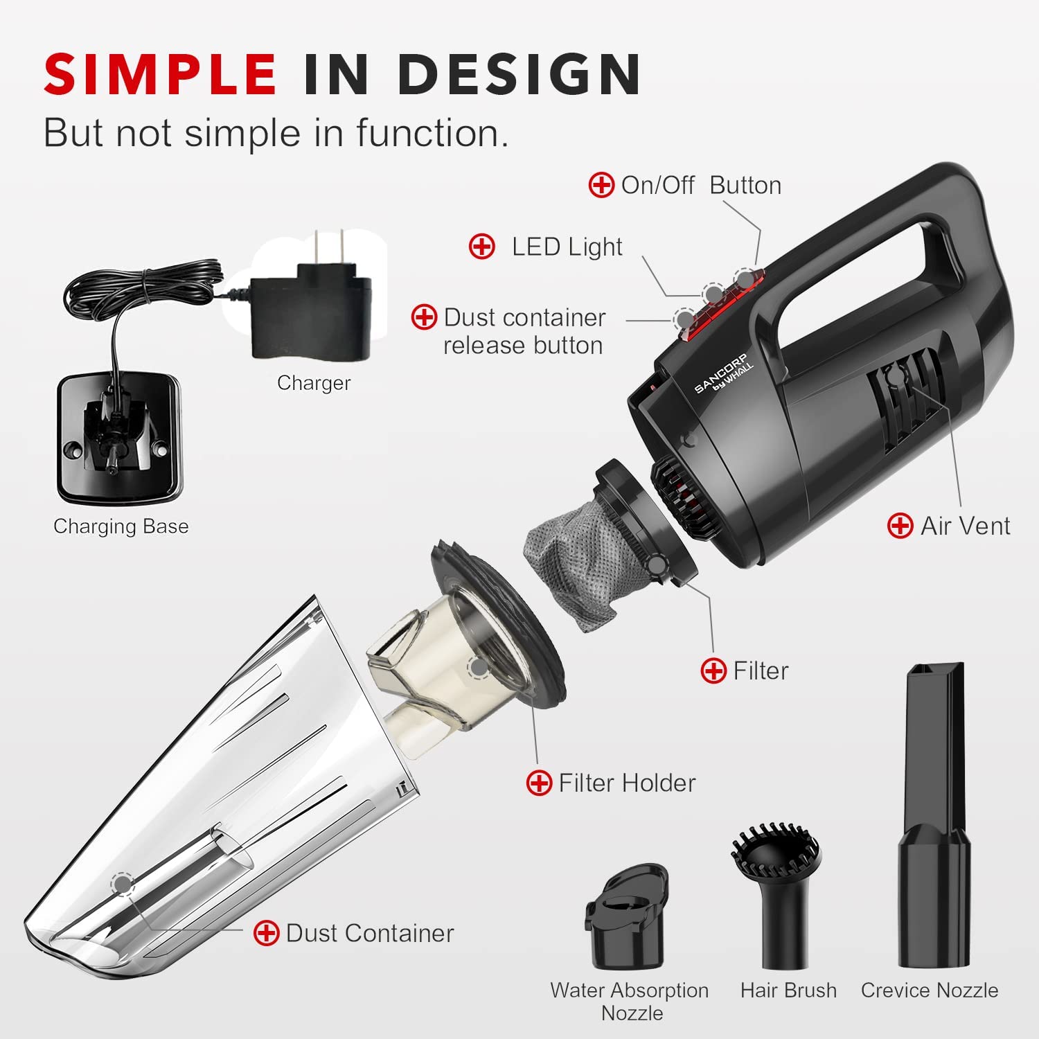 whall Handheld Vacuum Cordless, 8500PA Strong Suction Hand Held Vacuum Cleaner with LED Light, Lightweight Rechargeable, Portable Mini Hand Vacuum Wet Dry for Car, Home and Pet