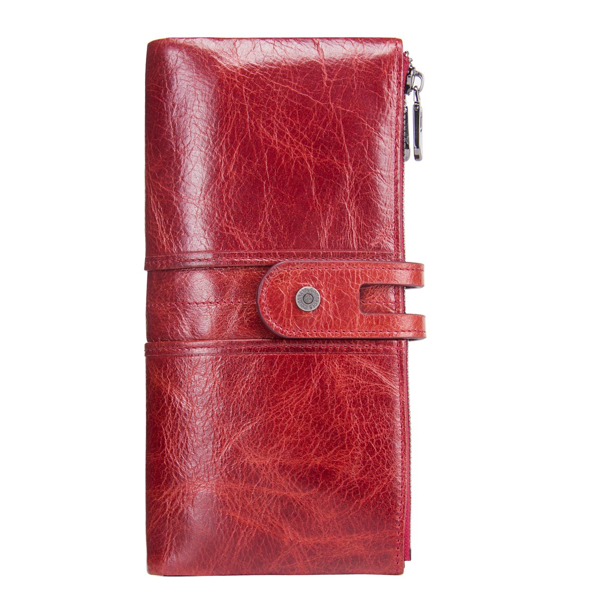 CONTACTS Womens Leather Long Wallet,Zipper Purse for Card Coin Phone Holder, Large Capacity Double Zip Clutch Purse (Red)