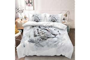 Holiyjog White Tiger Duvet Cover Set King Size Wildlife Comforter Cover Animal Print Bedding Set for Boys Girls and Kids Watercolor Art Bedroom Decor
